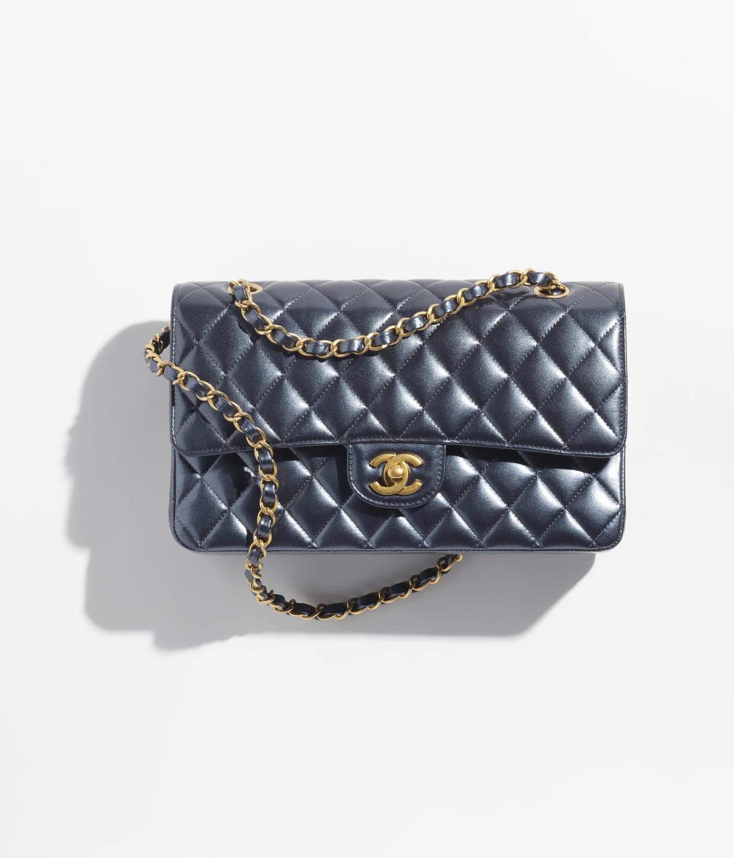 CLASSIC HANDBAG Metallic Calfskin & Gold Metal Navy Blue