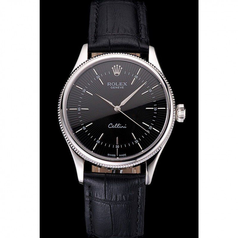 Swiss Rolex Cellini Black Dial Steel Case Black Leather Strap