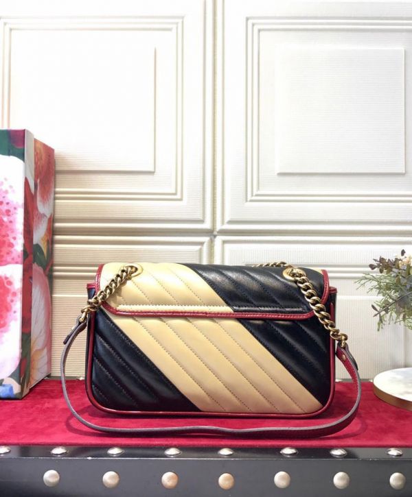 Gucci GG Marmont Twisted Logo Buckle Red Leather Trimming Cream & Black Diagonal Leather Patchwork Women Chic Golden Chian Shoulder bag