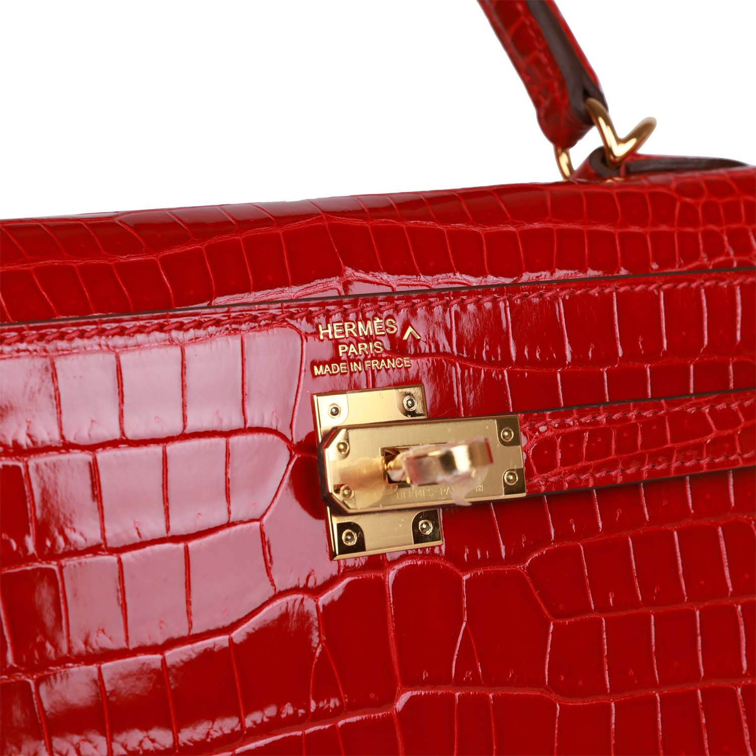 Hermès Kelly Sellier 25 Braise Shiny Porosus Crocodile Gold Hardware