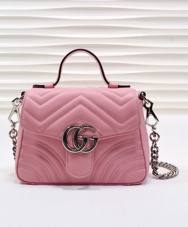 Gucci GG Marmont Silver Chain Shoulder Strap GG Logo Flap Female Pink Quilted Leather Single Top Handle Bag 2022 Price