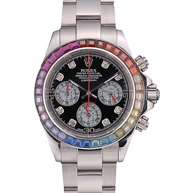 Rolex Daytona Cosmograph Rainbow Crystals Bezel Stainless Steep Strap Black Dial 80250 FREE SHIPPING