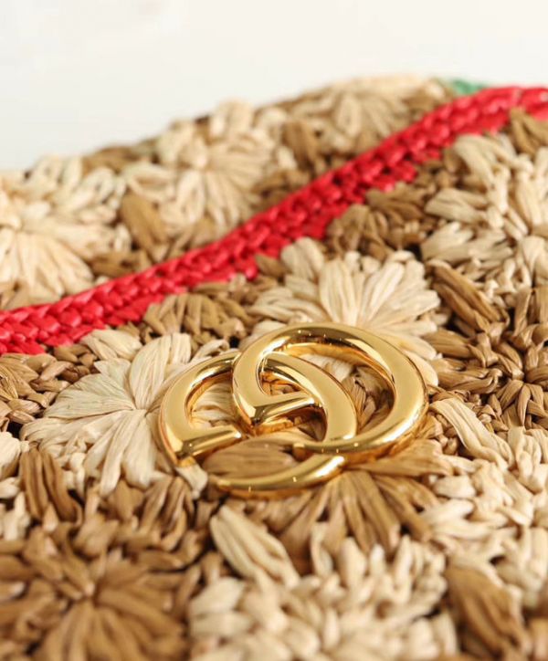 Gucci GG Marmont Red & Green Web Trimming Golden GG Logo Decoration Female Viscose Raffia Braided Flower Motif Chain Bag