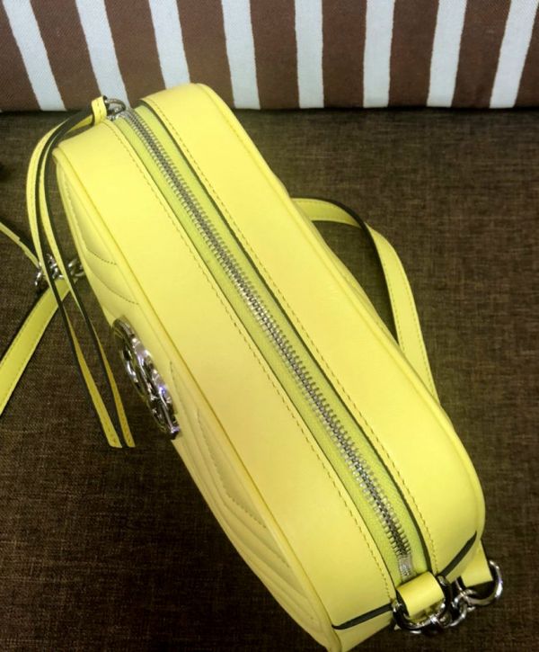 Gucci GG Marmont Chevron Design Silver GG Logo Signature Lemon Yellow Quilted Leather Small Chain Shoulder Bag Ladies New