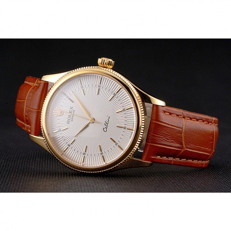 Swiss Rolex Cellini White Guilloche Dial Gold Case Light Brown Leather Strap