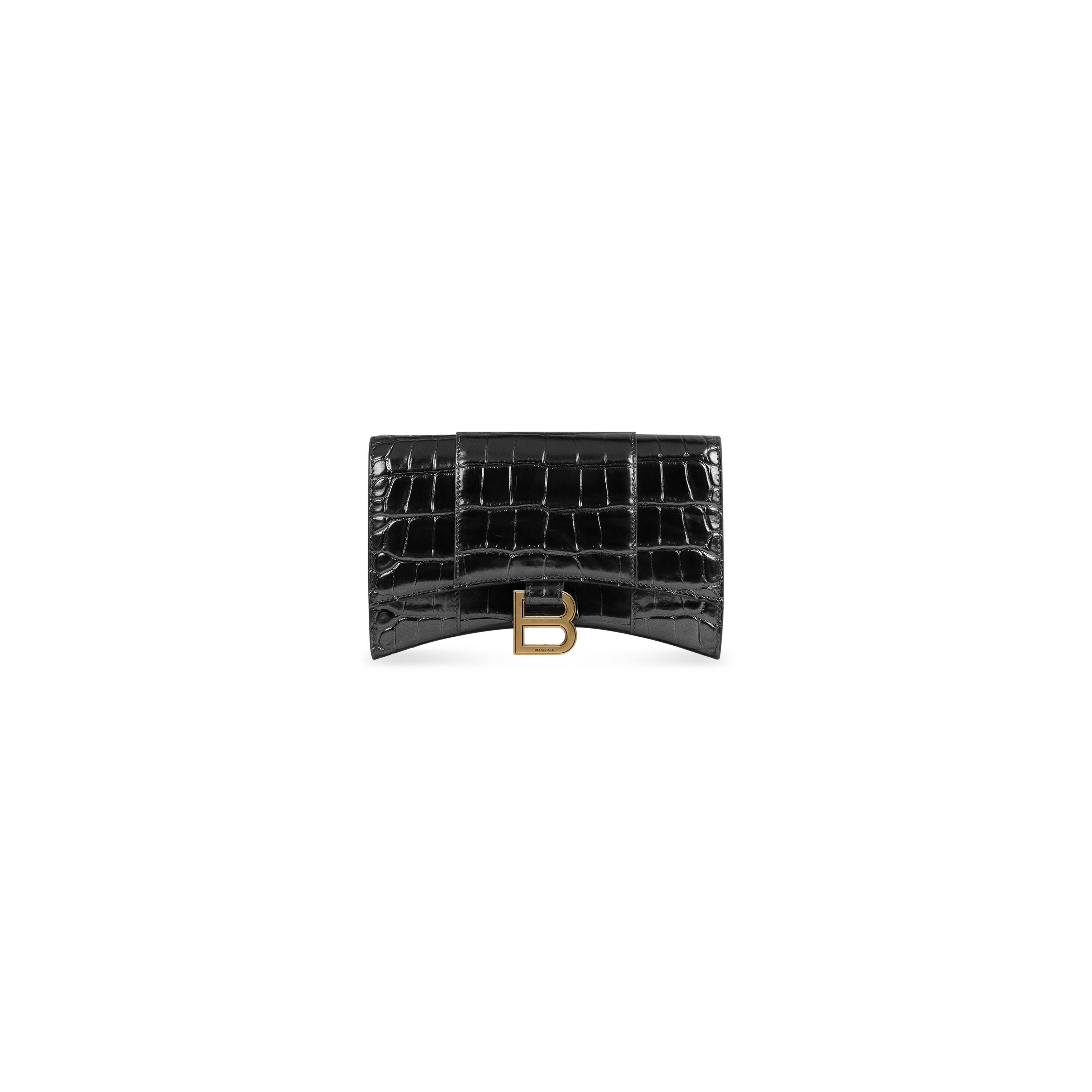 WOMEN'S HOURGLASS WALLET ON CHAIN CROCODILE EMBOSSED IN BLACK