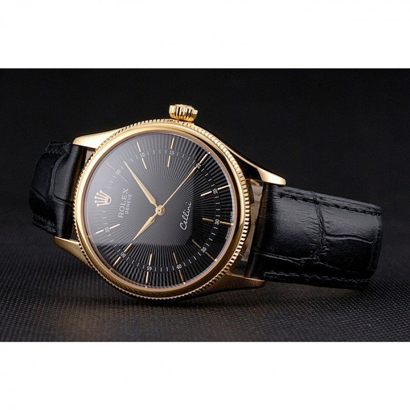 Swiss Rolex Cellini Black Dial Gold Markings Gold Case Black Leather Strap