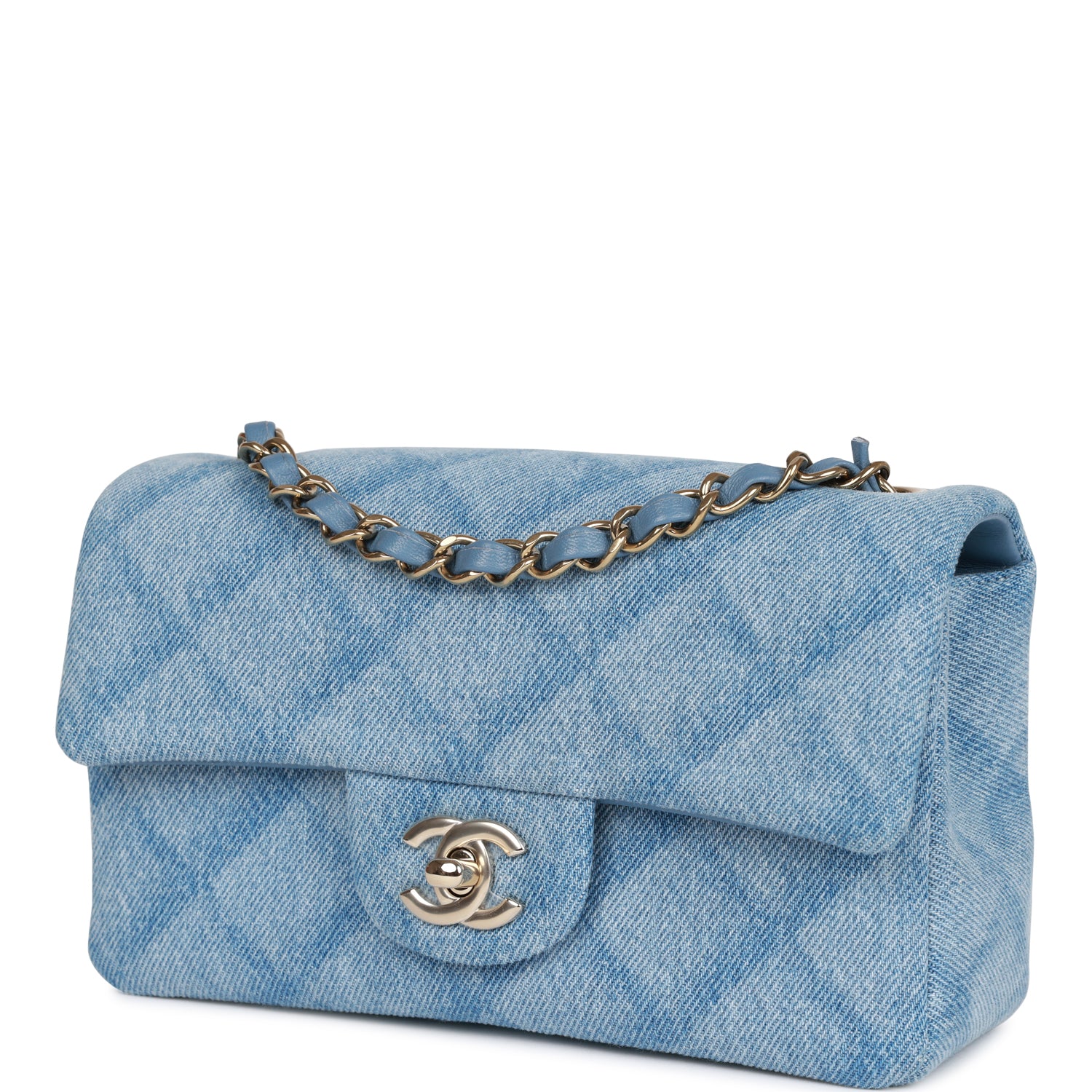 Blue Quilted Denim Rectangular Mini Flap Bag Gold Hardware