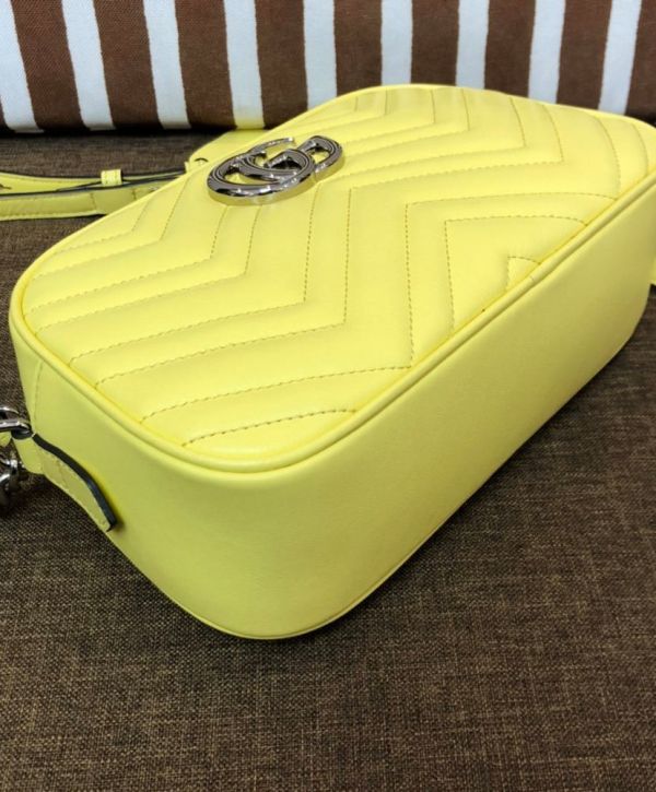 Gucci GG Marmont Chevron Design Silver GG Logo Signature Lemon Yellow Quilted Leather Small Chain Shoulder Bag Ladies New