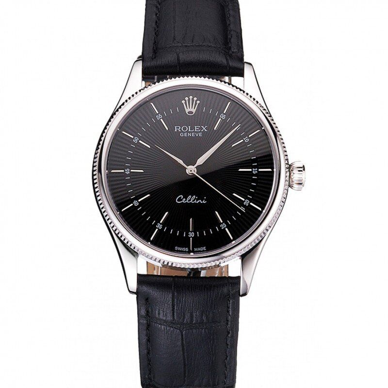 Swiss Rolex Cellini Black Dial Steel Case Black Leather Strap