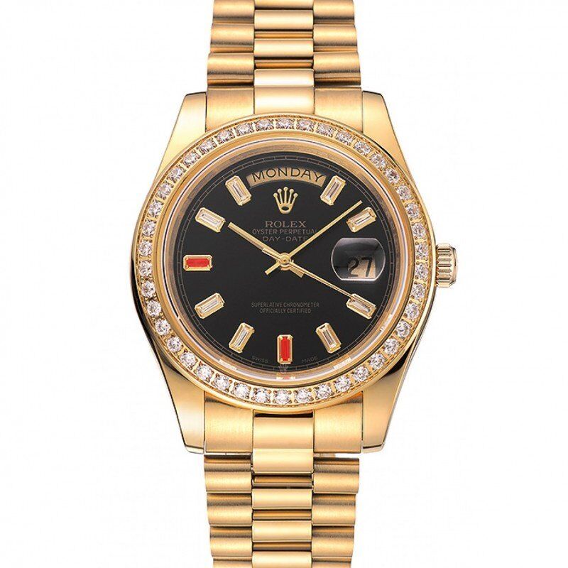 Swiss Rolex Day-Date Diamonds And Rubies Black Dial Yellow Gold Bracelet 1454101