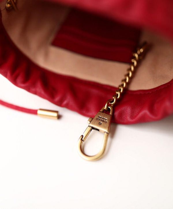 Gucci GG Marmont Double G Decoration Back Heart Detail Brass Strap Women Red Matelasse Chevron Leather Mini Buckle Bag