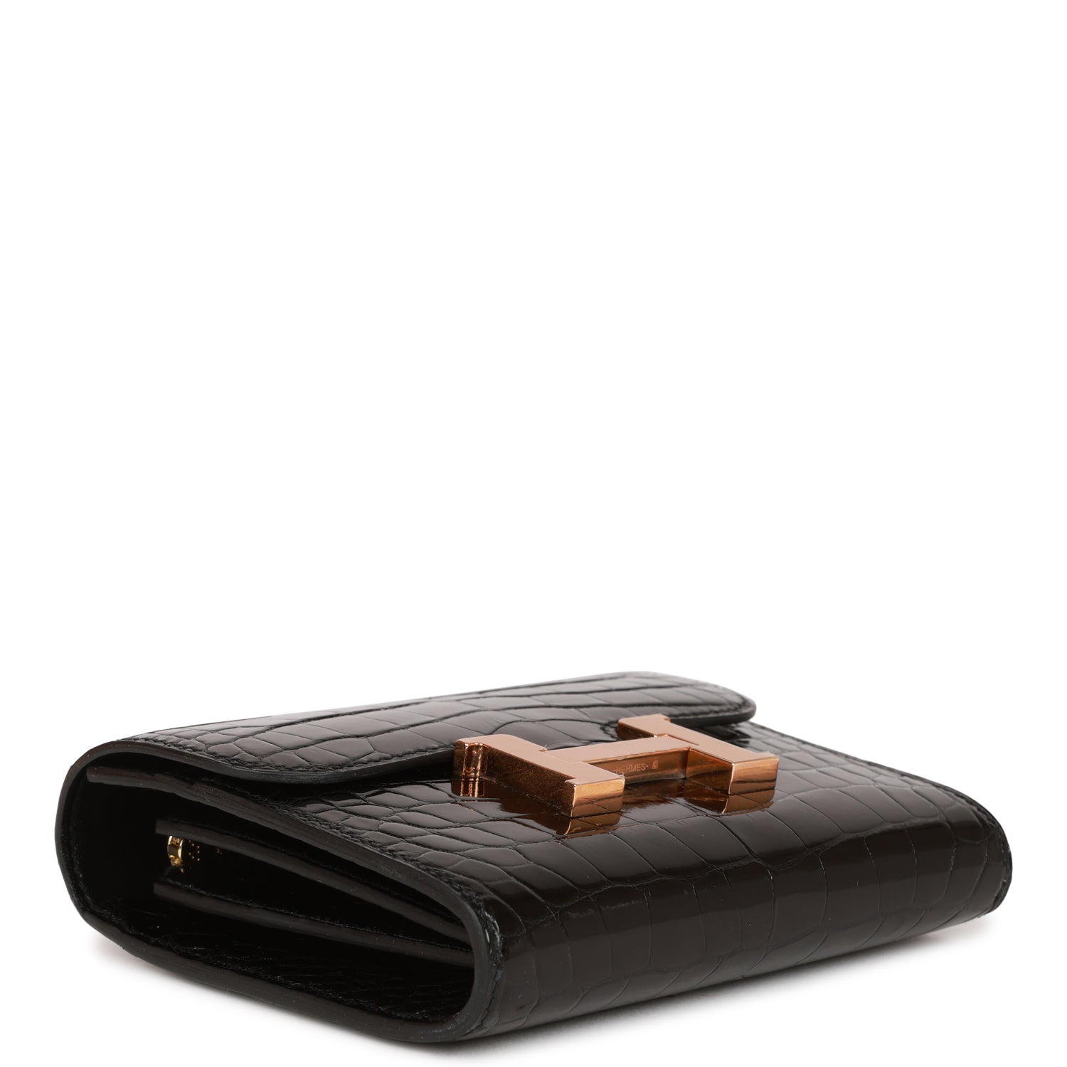 Hermès Constance Compact Wallet Black Shiny Alligator Rose Gold Hardware