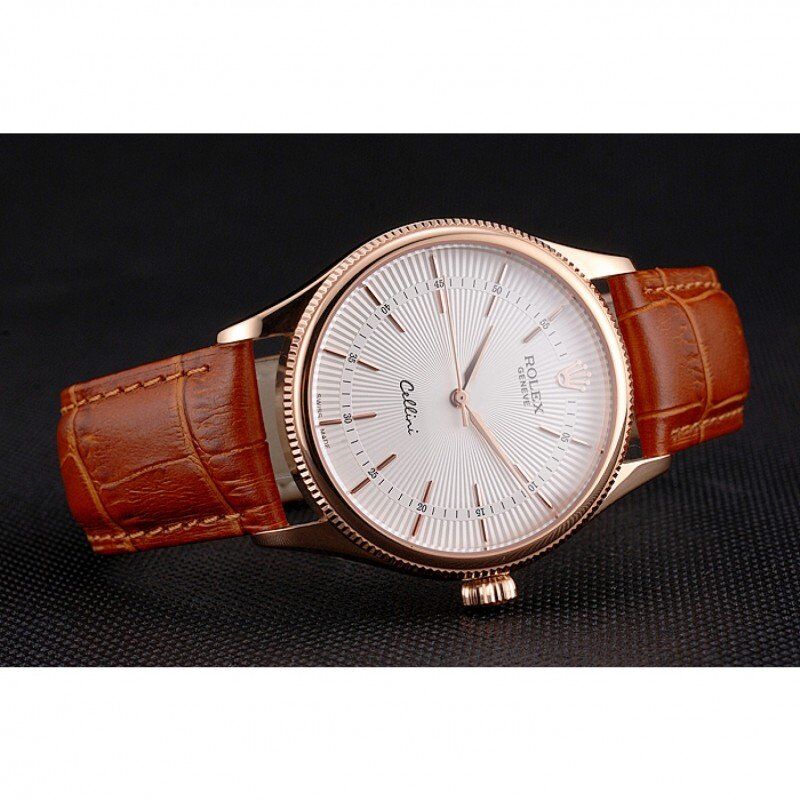 Swiss Rolex Cellini White Dial Rose Gold Case Brown Leather Strap