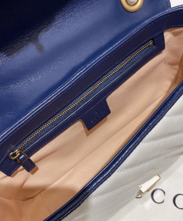 Gucci GG Marmont White Striped Quilted Leather Navy Trimming Brass Buckle & Shoulder Strap Women Cheapest Small Flap Crossbody Bag