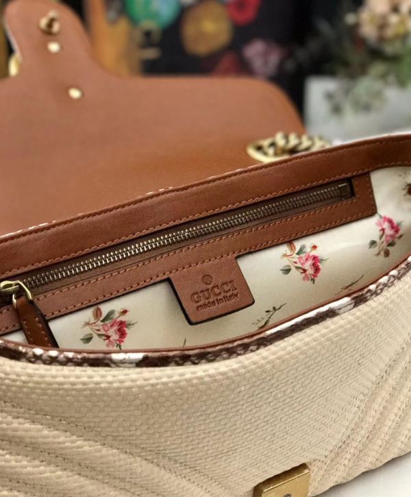 Gucci GG Marmont Raffia Snakeskin Trimming Brass Logo Spring Closure Link Shoulder Strap Women Shoulder Bag Beige