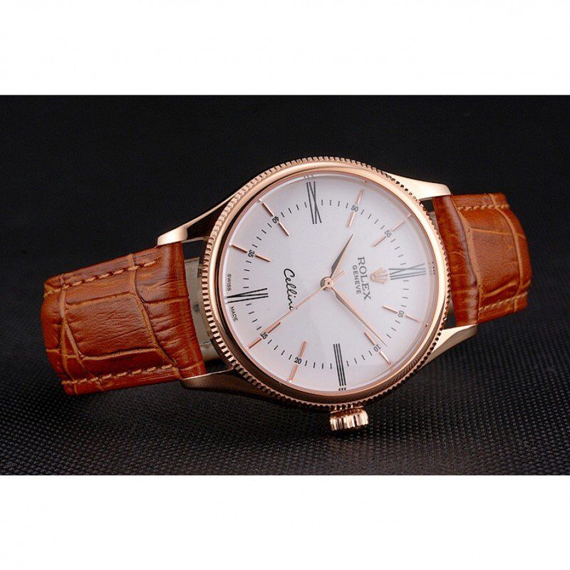 Swiss Rolex Cellini White Dial Roman Numerals Rose Gold Case Light Brown Leather Strap