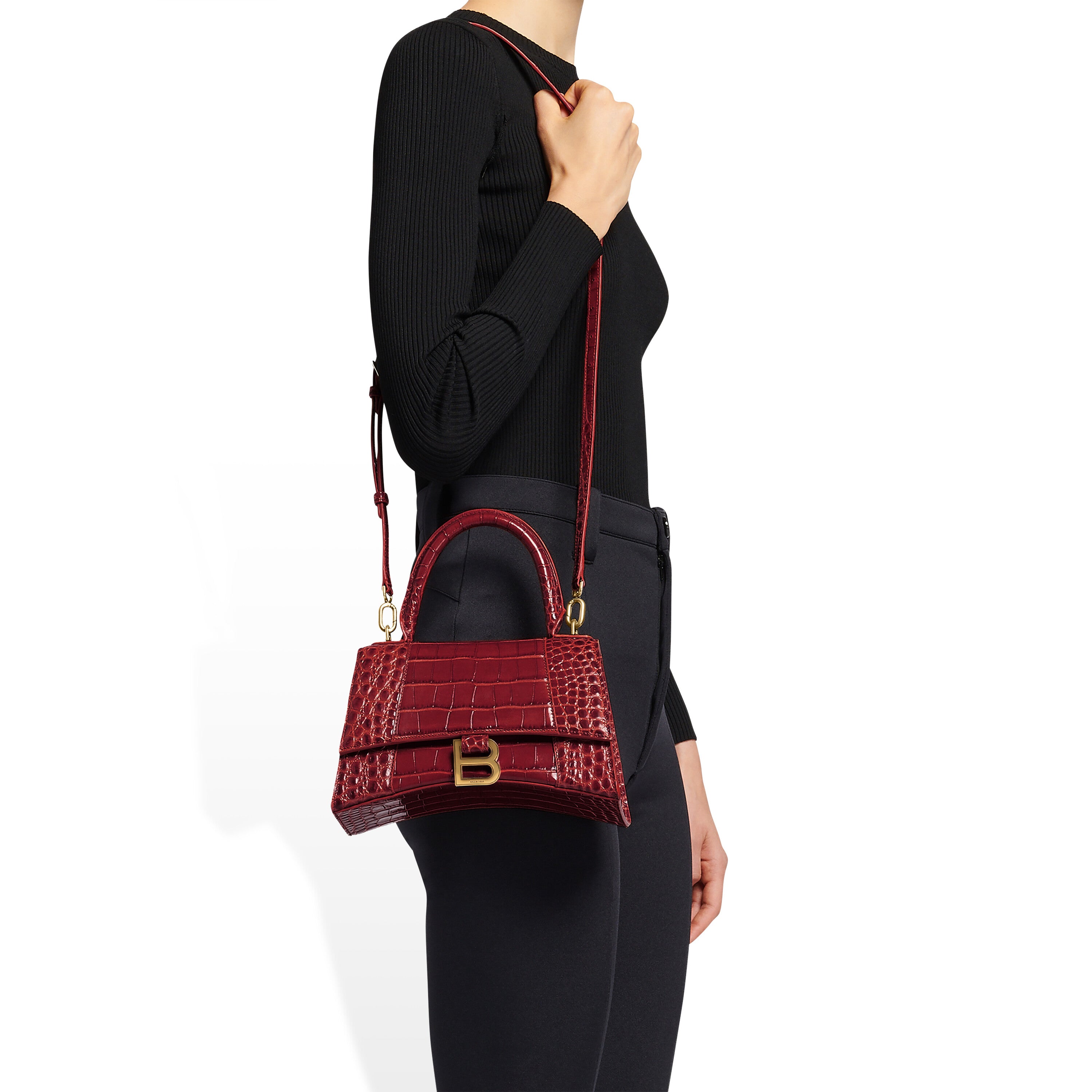 WOMEN'S HOURGLASS SMALL HANDBAG CROCODILE EMBOSSED IN DARK RED