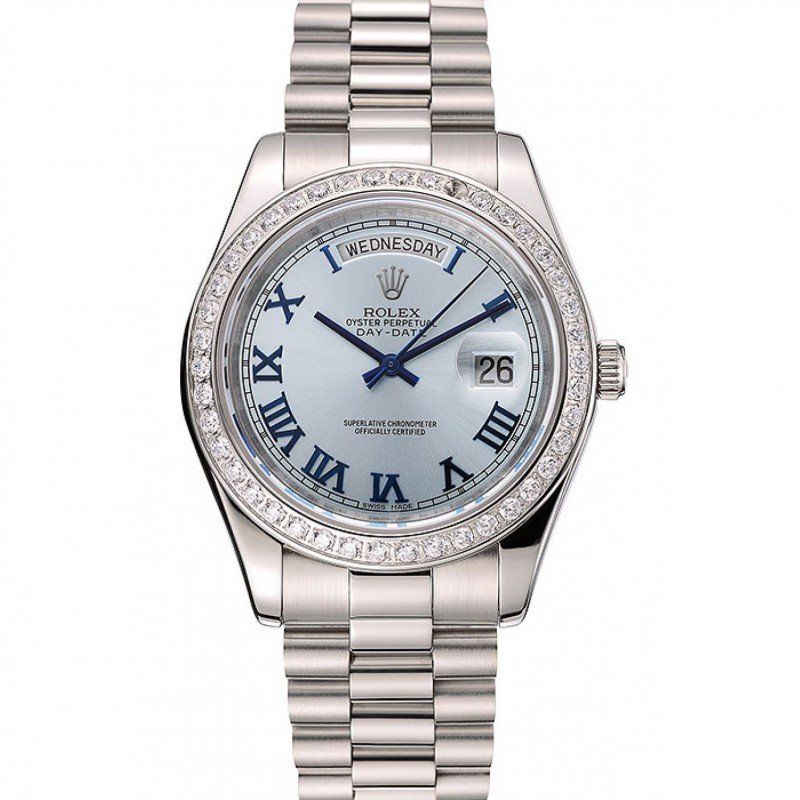 Swiss Rolex Day-Date Ice Blue Dial Diamond Case Stainless Steel Bracelet 1453962