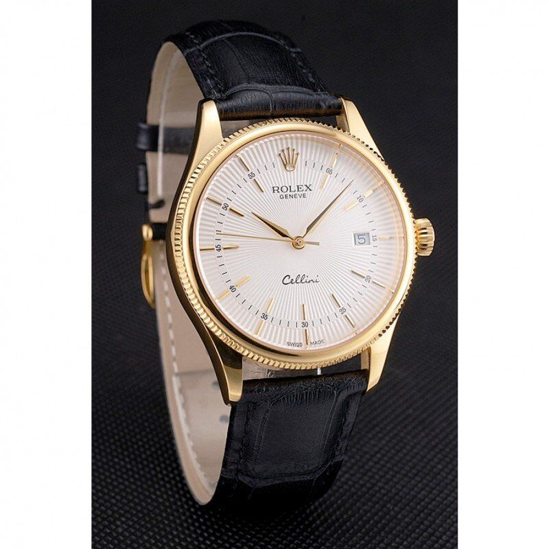 Swiss Rolex Cellini Date White Dial Gold Case Black Leather Strap