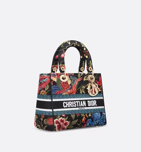 MEDIUM LADY D-LITE BAG Black Multicolor Dior Birds Embroidery