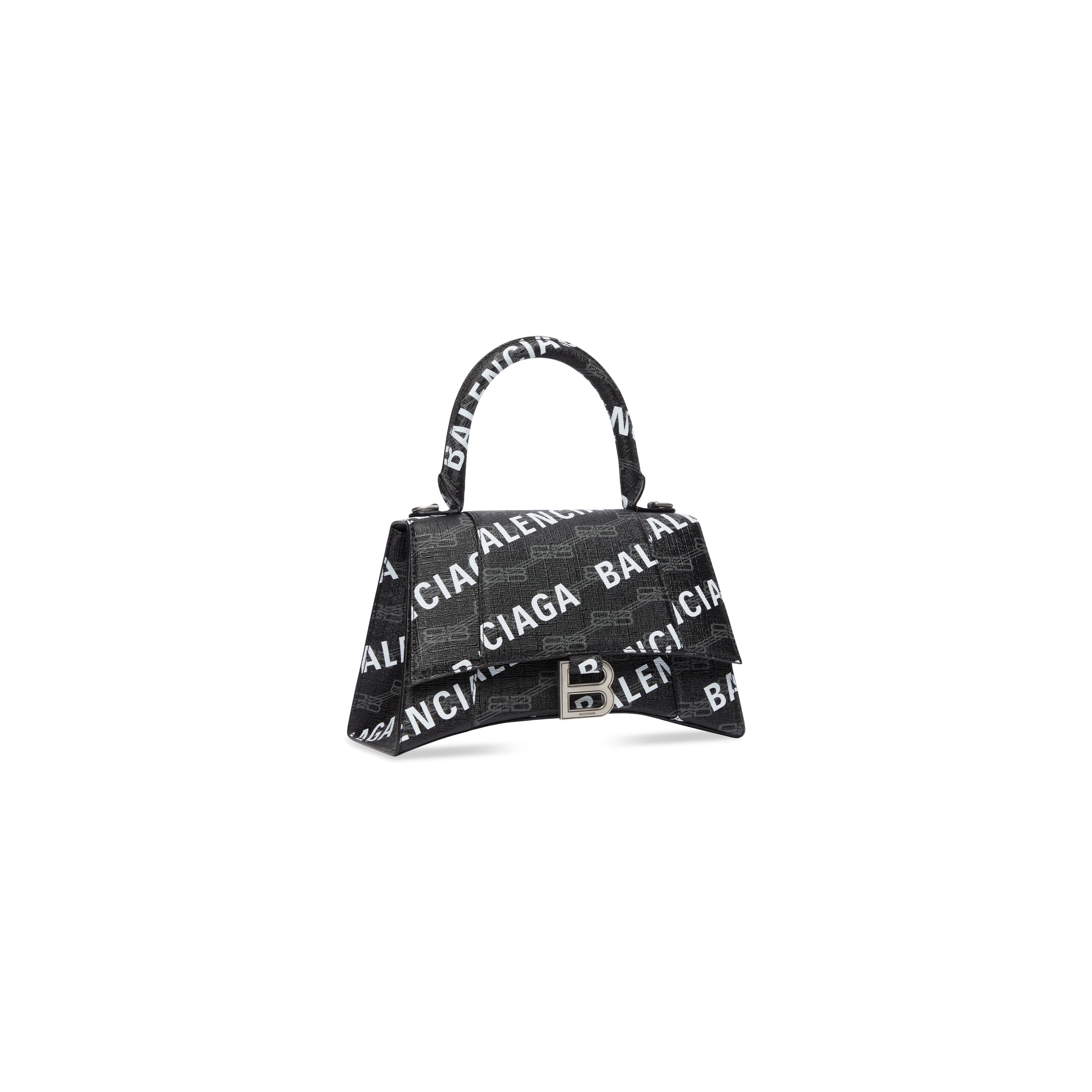 WOMEN'S HOURGLASS SMALL HANDBAG BB MONOGRAM COATED CANVAS AND ALLOVER LOGO IN BLACK