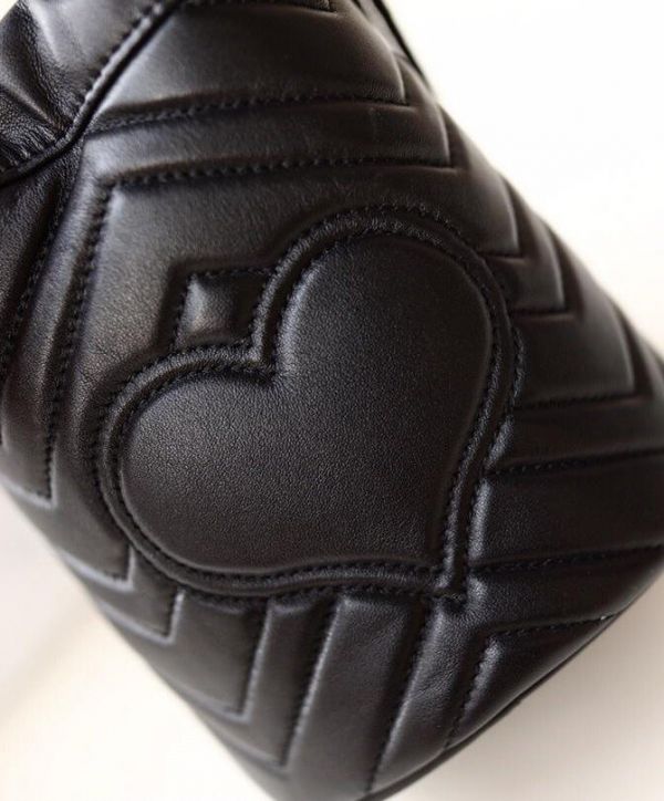 Gucci GG Marmont Wave Design Drawstring Closure Brass Chain Strap Black Matelassel Leather Mini Buckle Bag For Ladies 575163