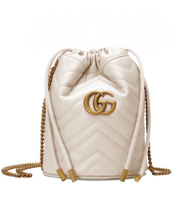 Gucci GG Marmont Mini White Matelasse Quilted Leather Brass Interlocking GG Design Drawstring Closure Women Chian Buckle 575163 DTDRT 9022