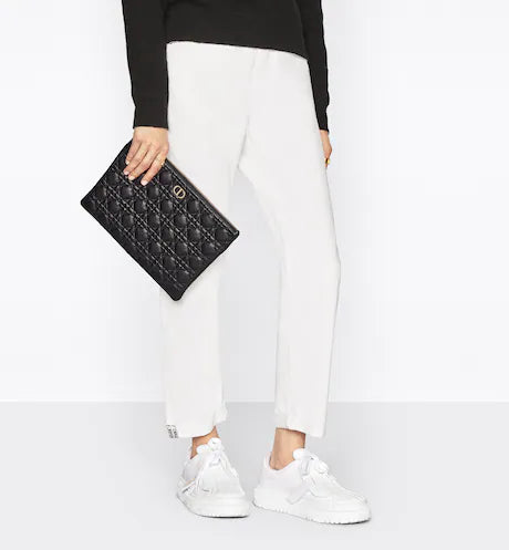 LARGE DIOR CARO DAILY POUCH Black Supple Cannage Calfskin