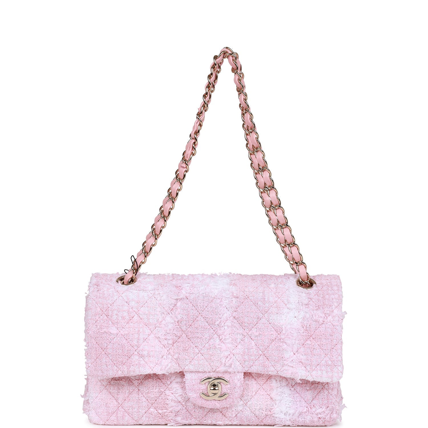Medium Classic Double Flap Bag Rose Sakura Tweed Light Gold Hardware