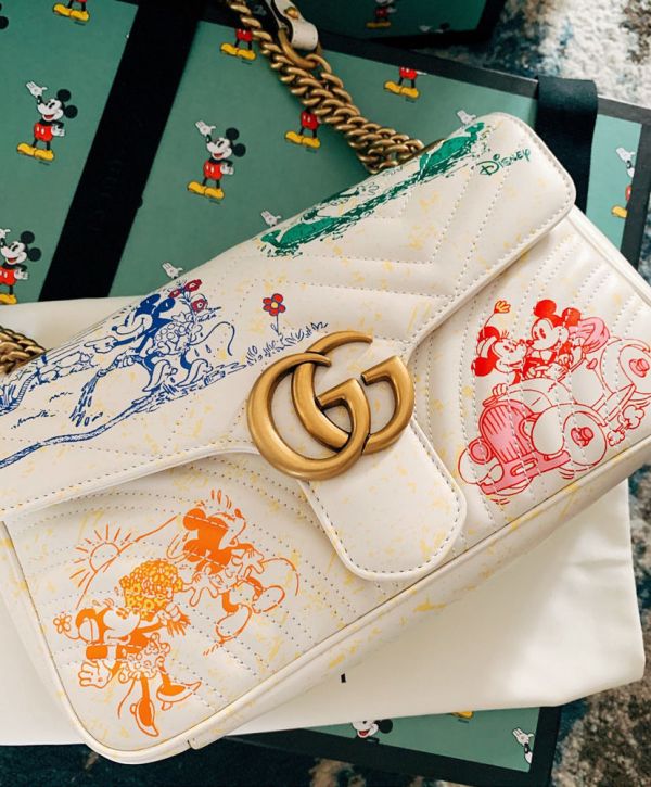 Gucci GG Marmont Disney x Colorful Mickey & Minnie Mouse Printing Brass Logo Buckle 2022 Female New Chain Flap Handbag Cream
