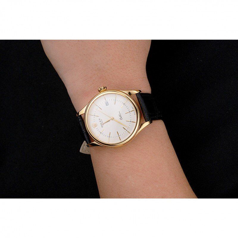 Swiss Rolex Cellini Date White Dial Gold Case Black Leather Strap