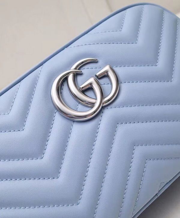 Gucci GG Marmont Small Light Blue Chevron Quilted Leather Silver Logo Signature Women Fashion Chain Crossbody Bag