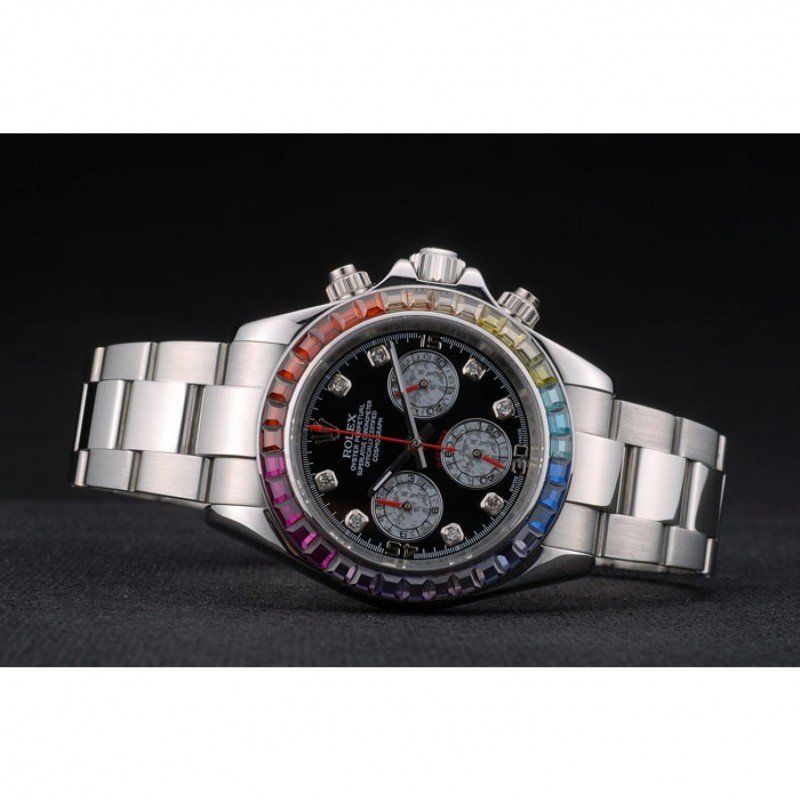 Rolex Daytona Cosmograph Rainbow Crystals Bezel Stainless Steep Strap Black Dial 80250 FREE SHIPPING