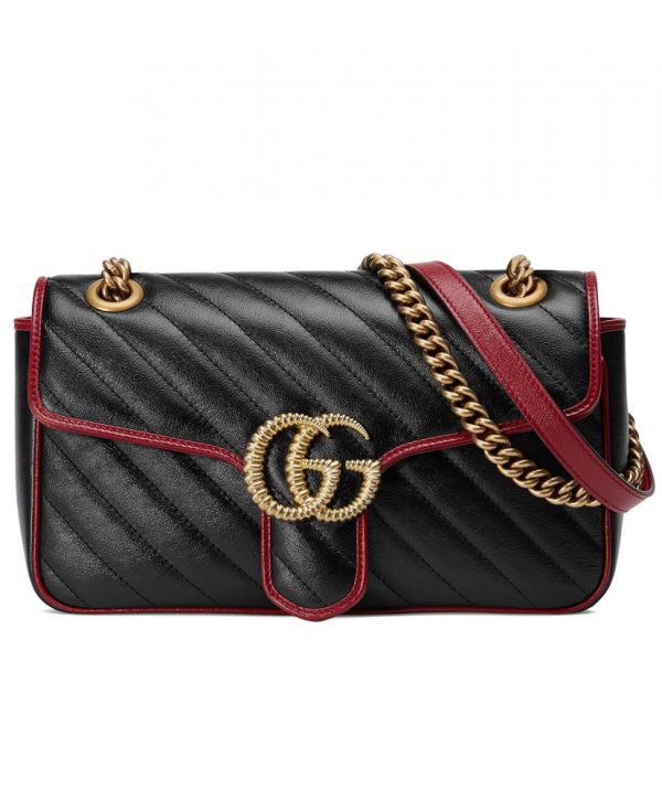 Gucci GG Marmont Red Trimming Twisted Brass Logo Buckle Chain Strap Women Diagonal Design Fashion Black Matelasse Leather Flap Bag