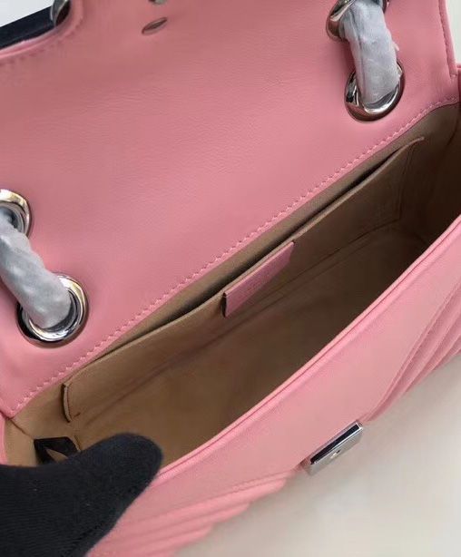 Gucci GG Marmont Silver GG Logo Buckle Back Heart Pattern Chain Shoulder Strap Pink Matelasse Chevron Leather Mini Bag