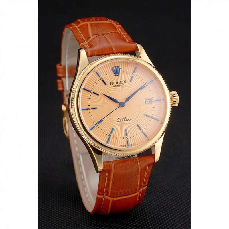 Swiss Rolex Cellini Date Gold Guilloche Dial Gold Case Light Brown Leather Strap