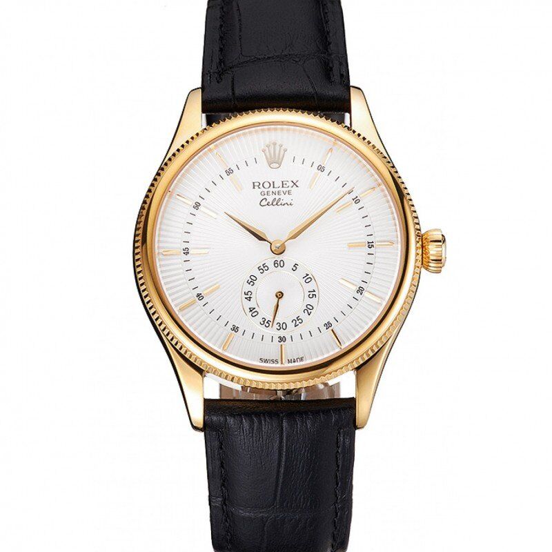 Swiss Rolex Cellini White Dial Gold Case Black Leather Strap
