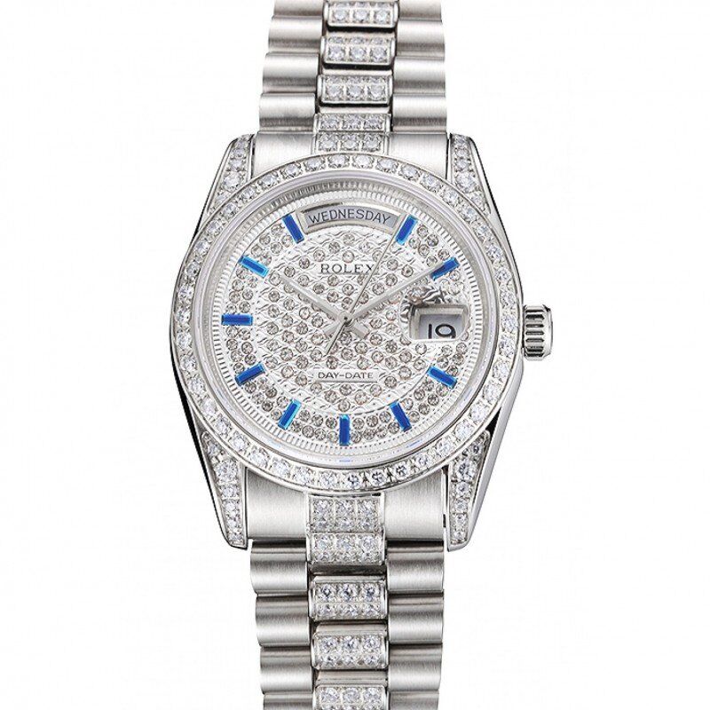 Swiss Rolex Day-Date Diamond Pave Dial And Bezel And Stainless Steel Bracelet