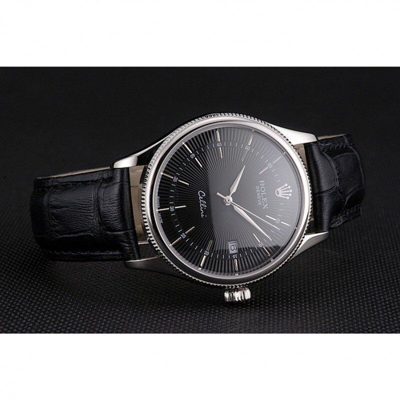 Swiss Rolex Cellini Date Black Dial Stainless Steel Case Black Leather Strap