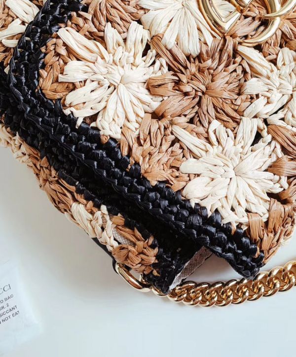 Gucci GG Marmont Crochet Flower Pattern Gold Logo Buckle Women Beige & Camel Viscose Raffia Flap Crossbody Bag