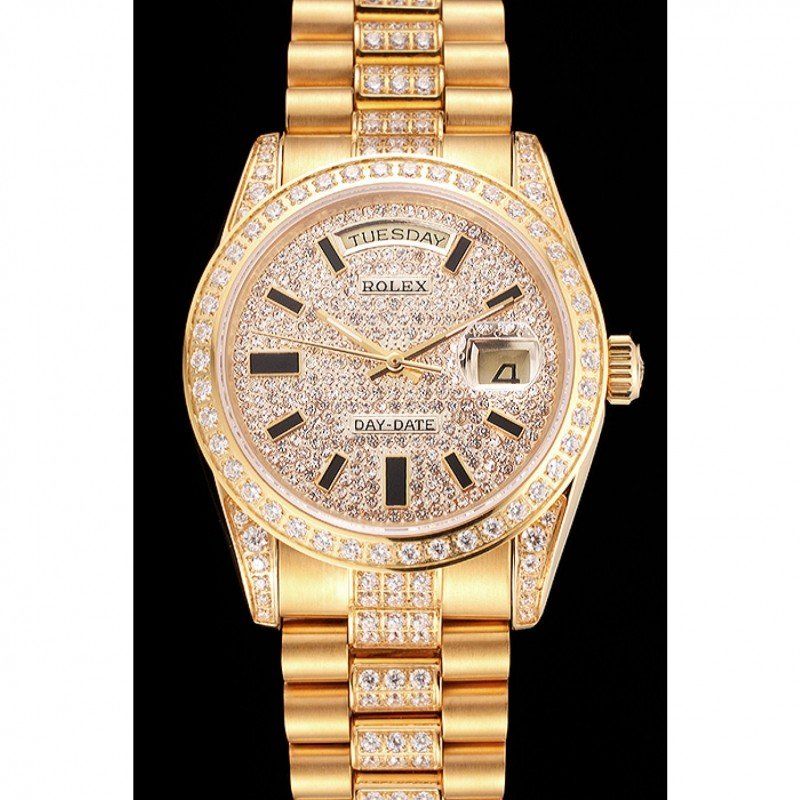 Swiss Rolex Day-Date Yellow Gold Diamond Pave