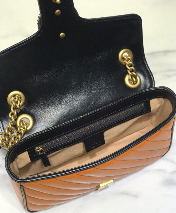 Gucci GG Marmont Small Tan Diagonal Matelasse Flap Bag Women Fashion Black Trimming Brass Logo Buckle Chain Bag 26CM