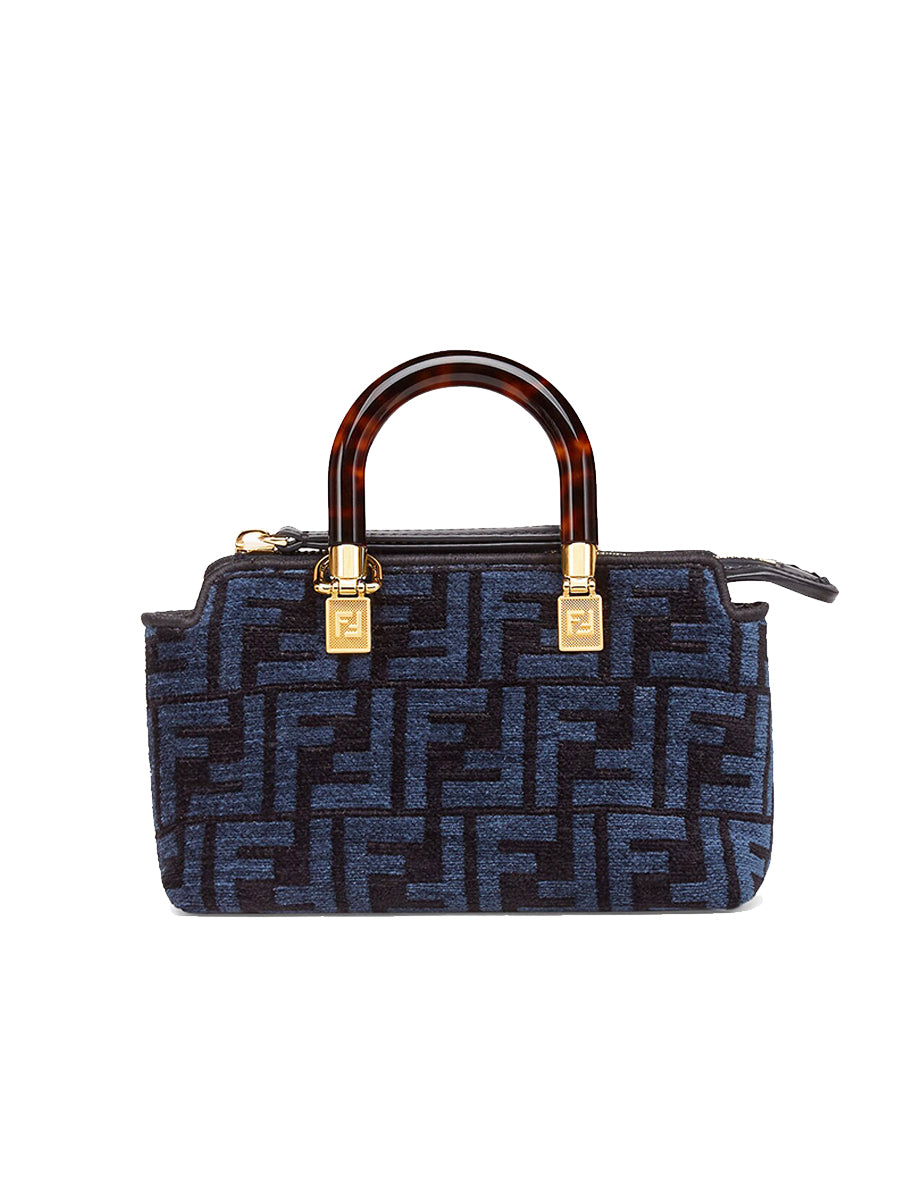 Fendi By The Way Mini Boston Bag in Blue Tapestry Fabric
