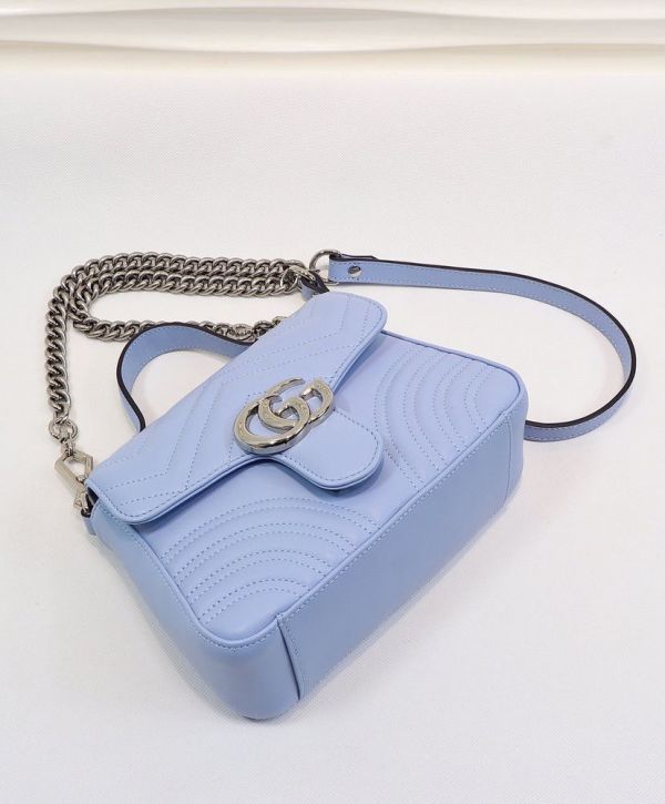 Gucci GG Marmont Mini Single Top Handle Shiny Silver GG Logo Buckle Waved Stripe Motif Light Blue Leather Shoulder Bag UK