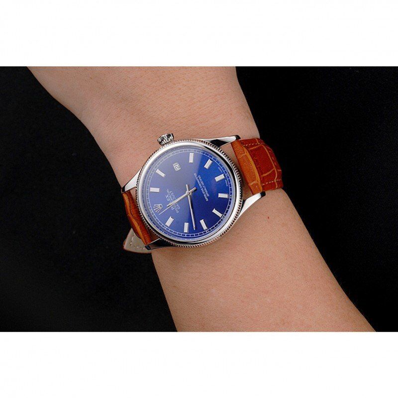 Rolex Datejust Blue Dial Stainless Steel Case Light Brown Leather Strap