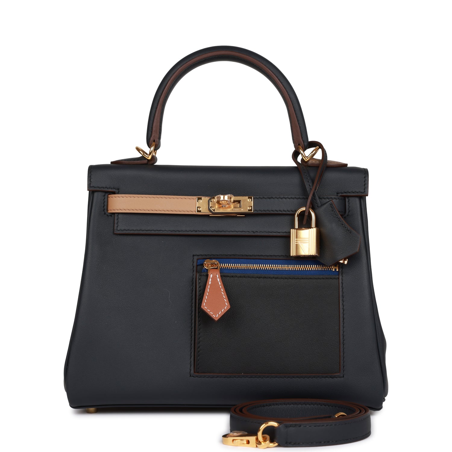 Hermès Colormatic Kelly Retourne 25 Caban. Black and Chai Swift Gold Hardware