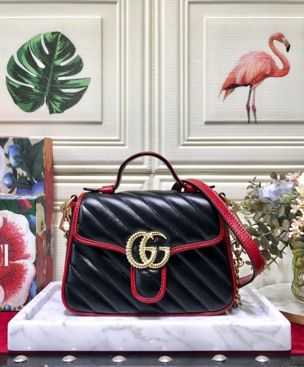 Gucci GG Marmont Double G Brass Buckle Single Top Handle Cerise Trim Female Black Quilted Leather Flap Mini Crossbody Bag