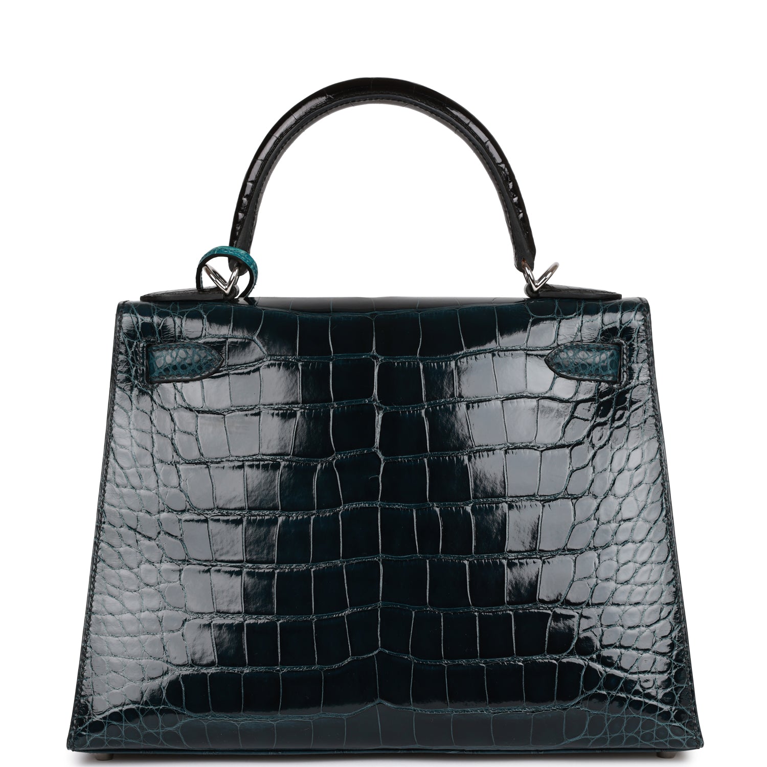 Hermès Kelly Sellier 28 Tri-color Black. Vert Rousseau and Vert Bosphore Shiny and Matte Alligator Palladium Hardware