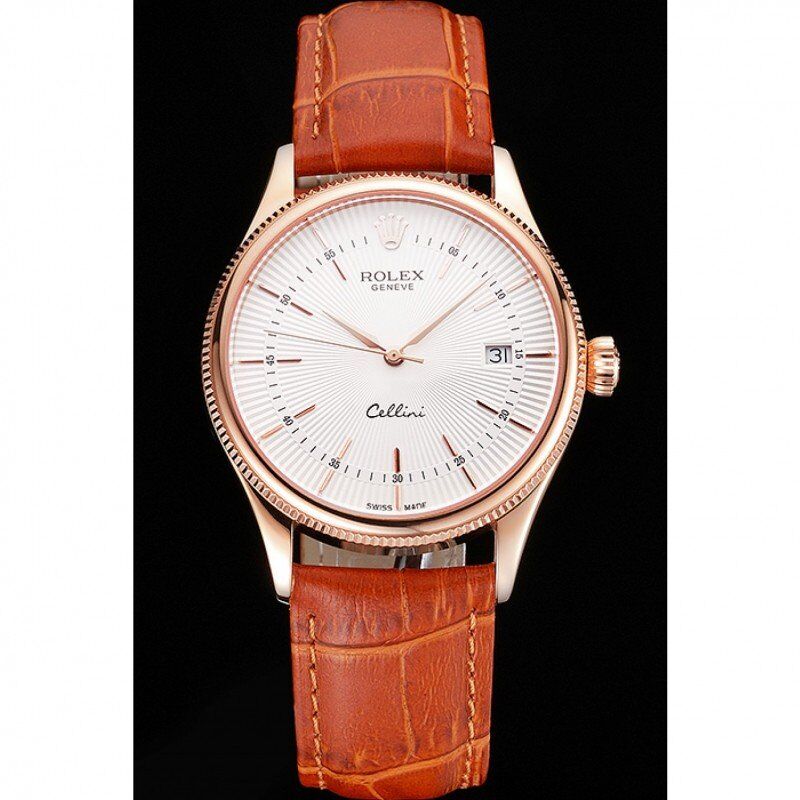 Swiss Rolex Cellini Date White Dial Rose Gold Case Brown Leather Strap
